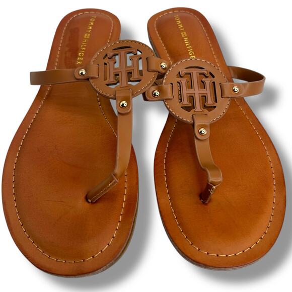 Tommy Hilfiger Logo Sandals Size 10 Brown Litzy T-Strap Flip Flop Flat Thong EUC - Picture 3 of 10